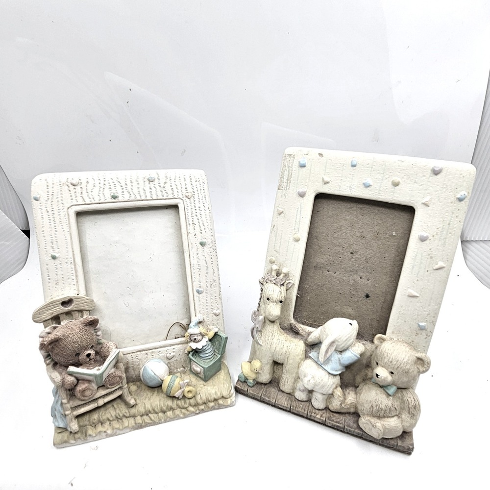 Vtg Burnes of Boston Nursery Picture Frames Teddy Bear Giraffe Bunny Set of 2